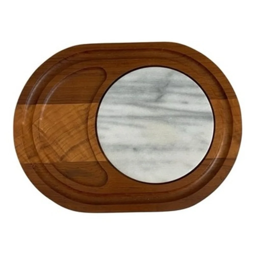 Vintage Dolphin Teakwood Marble Cheese Board Serving Tray 11.5x8.75in VG